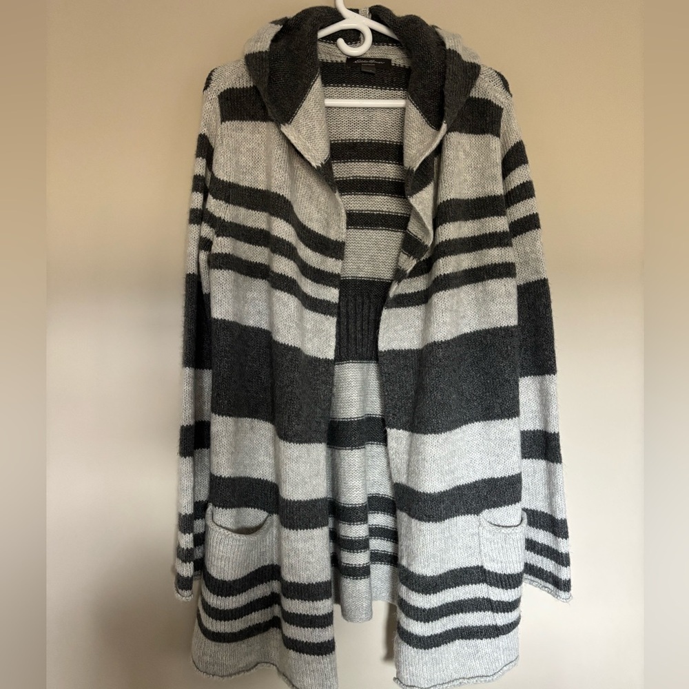 Eddie Bauer Black and Gray Striped hooded duster